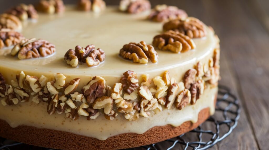 Close-up of Maple Walnut Harvest Cake, featuring a moist and spiced interior filled with crunchy walnuts, crowned with a velvety maple-infused glaze.
