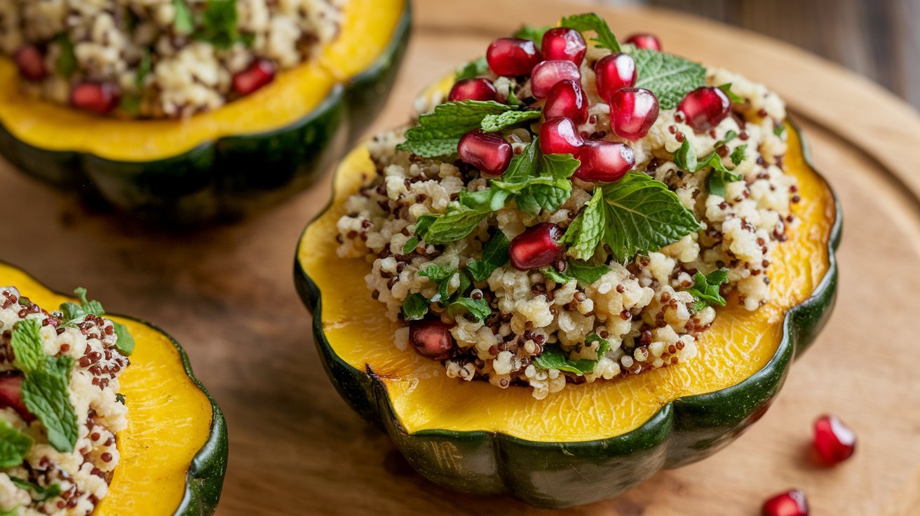 A beautifully roasted Stuffed Acorn Squash, filled with a savory mixture of quinoa, cranberries, nuts, and herbs, showcasing a perfect balance of sweet and savory flavors