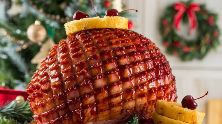 A tender, oven-roasted ham coated in a sweet and sticky glaze made from honey, brown sugar, and Dijon mustard. Each slice of this Juicy Glazed Ham glistens with caramelized edges, delivering the perfect balance of sweetness and savory flavor. Garnish with fresh rosemary for a timeless holiday dish.