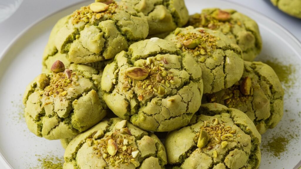 A plate of Matcha Pistachio Crinkle Cookies, with a soft and chewy texture, featuring vibrant green matcha and crunchy pistachio pieces, coated in a light dusting of powdered sugar.