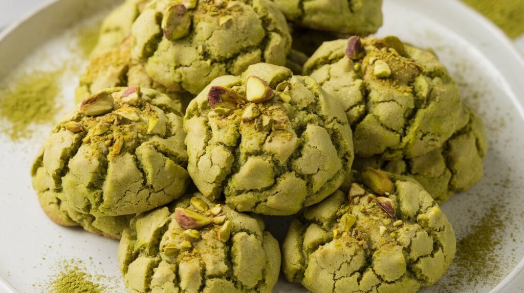 A batch of Matcha Pistachio Crinkle Cookies, with the perfect blend of chewy matcha dough and pistachio crunch, all dusted in powdered sugar for a delicate finish.