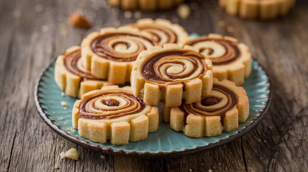 Close-up of Caramel Macchiato Swirl Shortbread, highlighting the rich caramel and espresso swirls that create a delicious fusion of flavors in each cookie."

