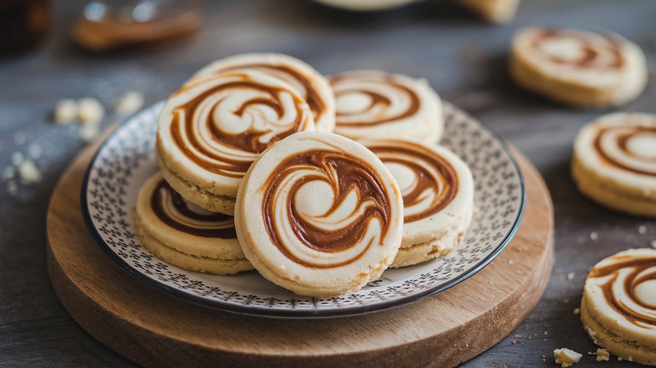 A tray of Caramel Macchiato Swirl Shortbread, featuring a perfect blend of caramel and coffee swirls on a crisp, buttery shortbread base