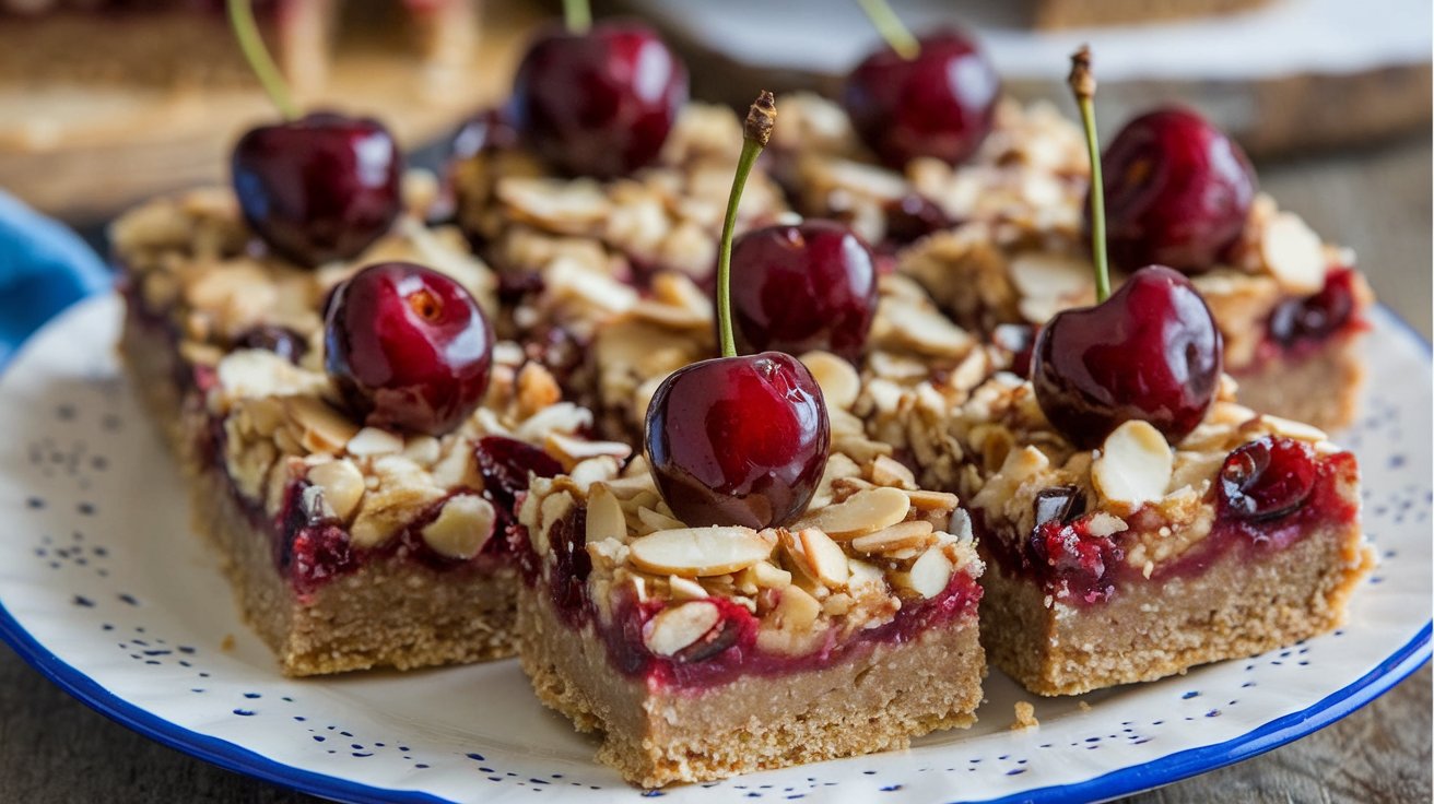 "Delicious Cherry Almond Bars arranged on a rustic wooden platter, with visible chunks of juicy cherries and slivers of toasted almonds, capturing the essence of a perfect homemade treat."