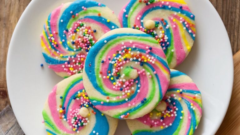 A colorful plate of Funfetti Birthday Swirl Shortbread Cookies, featuring vibrant sprinkles and a joyful swirl of colors on a buttery, melt-in-your-mouth cookie