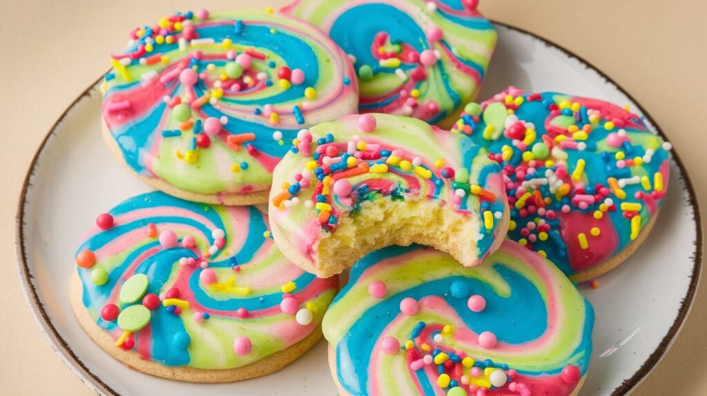 "A batch of Funfetti Birthday Swirl Shortbread Cookies, with cheerful swirls of color and scattered sprinkles, perfect for celebrating any occasion