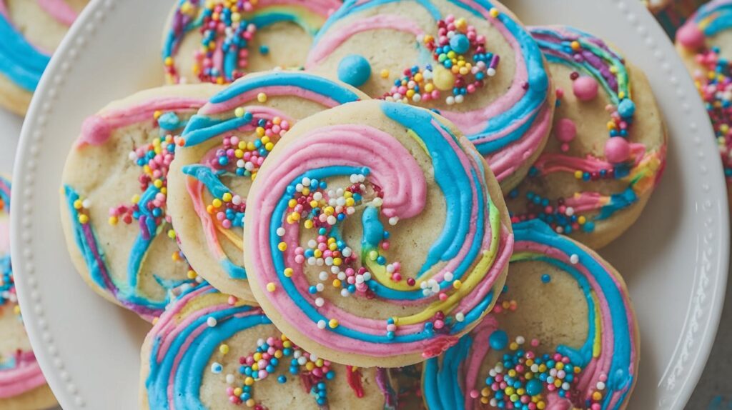 "Funfetti Birthday Swirl Shortbread Cookies arranged on a tray, bursting with colorful sprinkles and vibrant swirls, offering a fun and festive treat