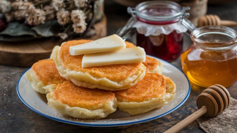 "A plate of pillowy mekici, golden and fluffy fried dough, served with creamy cheese, sweet jam, and a drizzle of golden honey for a delightful treat."