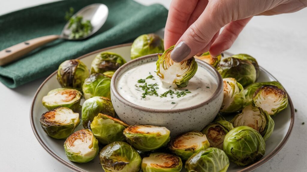 Crispy Brussels Sprouts with Dijon Aioli Garnished with Fresh Herbs" A serving of crispy Brussels sprouts paired with a zesty Dijon aioli, garnished with fresh parsley for a vibrant touch. The sprouts are charred to perfection, creating a delicious contrast with the creamy dipping sauce