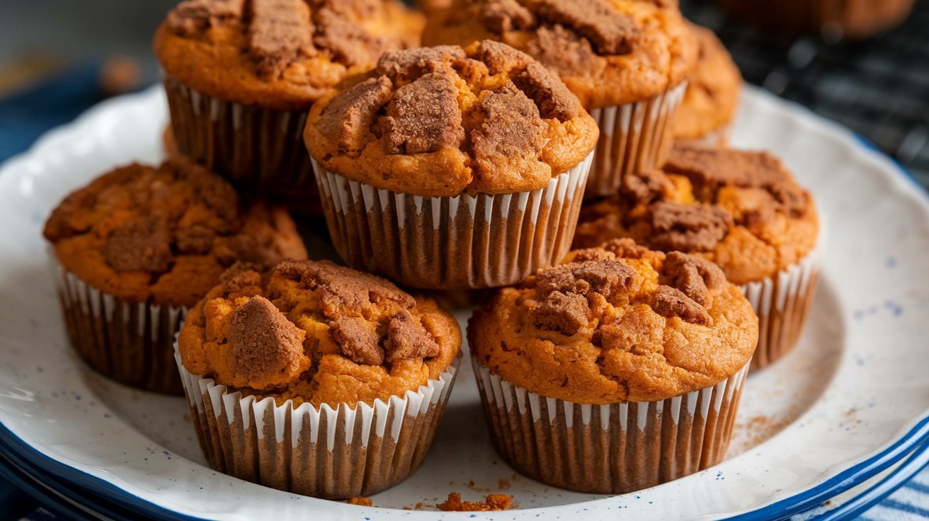 A batch of golden-brown sweet potato muffins, with a slightly cracked top and a warm, moist interior, offering a hint of spice and the natural sweetness of sweet potatoes.