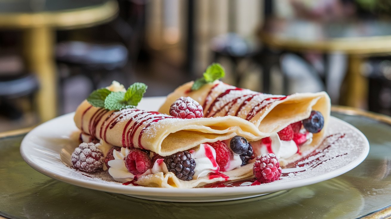 Thin, golden crêpes filled with a luscious mix of fresh strawberries, blueberries, and raspberries, drizzled with a tart raspberry coulis. A dollop of whipped cream and a dusting of powdered sugar make these Juicy Stuffed Crêpes a brunch dream.