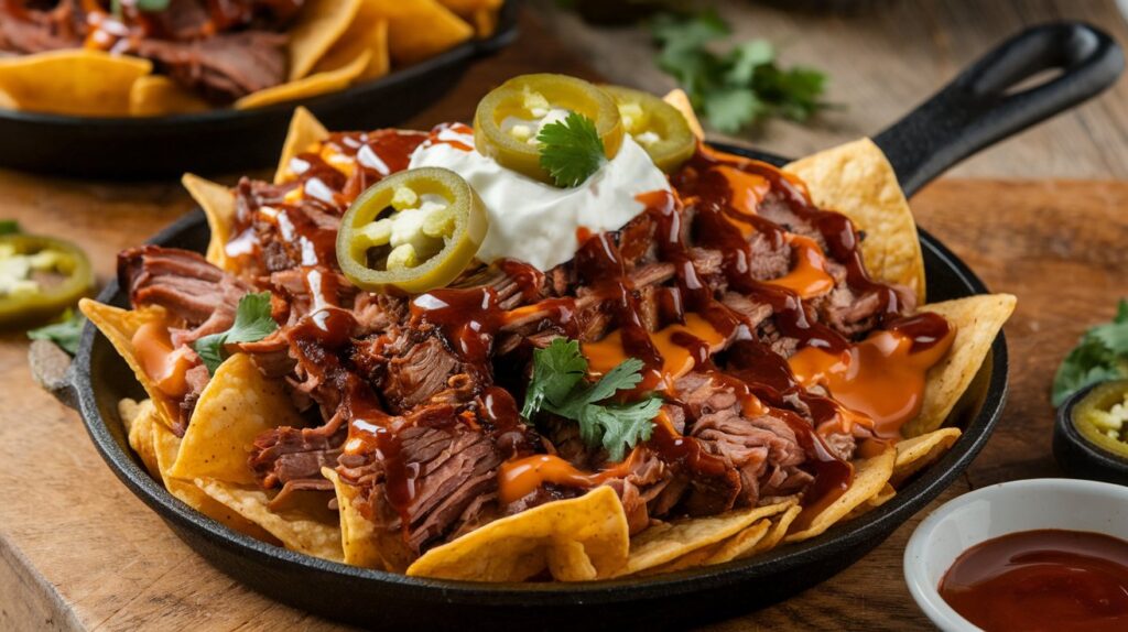 A delicious plate of BBQ Brisket Nachos, with crispy tortilla chips piled high with tender brisket, gooey cheese, and a smoky BBQ drizzle, perfect for sharing or snacking.