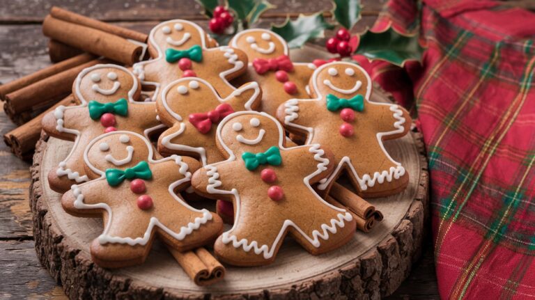 A batch of Spiced Gingerbread Men Cookies, decorated with colorful icing and candy buttons, showcasing their traditional warm, spiced aroma and festive appeal