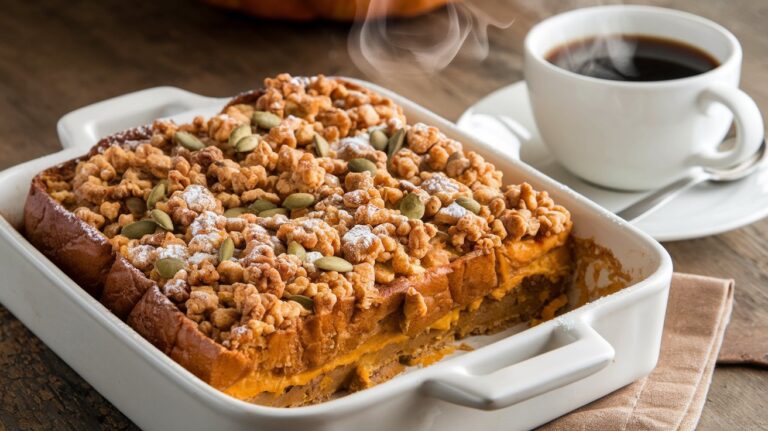 A slice of Pumpkin Spice French Toast Bake on a plate, with a crispy exterior and soft, custardy interior, garnished with whipped cream and a sprinkle of cinnamon.