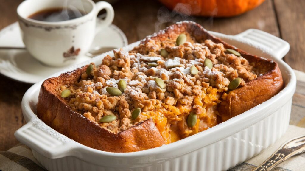 Close-up of Pumpkin Spice French Toast Bake, showcasing layers of soft, spiced bread soaked in a creamy custard, with hints of cinnamon and nutmeg, and topped with toasted pecans.