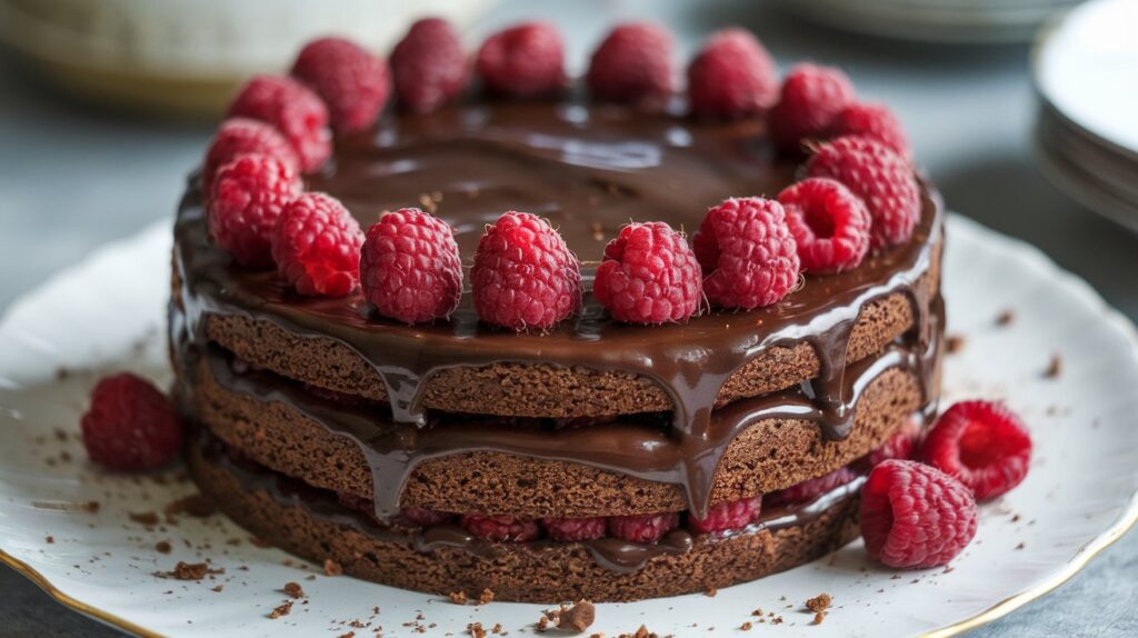 Decadent Chocolate Cake Decorated with Shaved Chocolate and Berries" A beautifully decorated decadent chocolate cake, adorned with delicate chocolate shavings and fresh berries, creating an elegant and indulgent dessert perfect for any occasion.