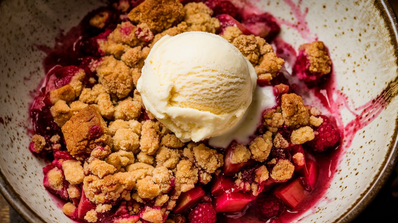 "Rhubarb and Raspberry Crumble served in individual ramekins, with a crunchy crumble topping and a fragrant, fruity filling made of rhubarb and fresh raspberries, perfect for a cozy dessert."