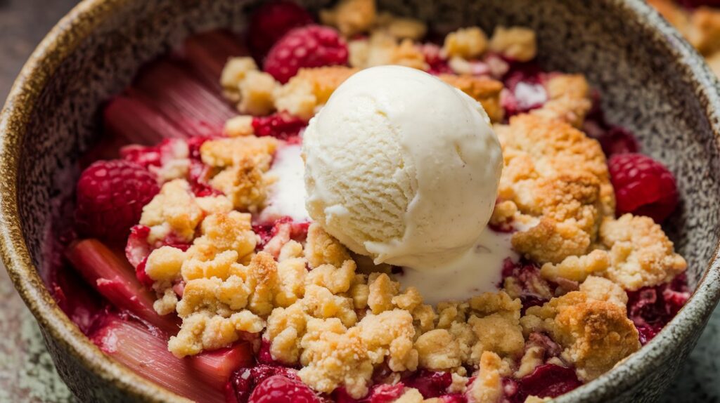 -A warm serving of Rhubarb and Raspberry Crumble, with a golden, buttery crumble topping over vibrant red rhubarb and juicy raspberries, offering a perfect balance of tart and sweet flavors