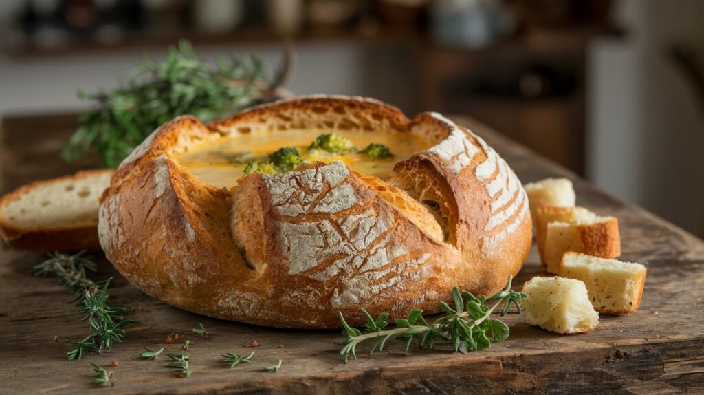 "Rustic Bread Bowl with Soup and a Side of Fresh Bread Slices" A rustic bread bowl filled with soup, served alongside slices of the same freshly baked bread. The rich, flavorful soup inside the bread bowl is complemented by the extra bread, perfect for dipping.