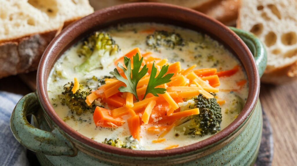 A comforting bowl of Easy Broccoli Cheddar Soup, with chunks of broccoli and a luscious cheddar base, served with a slice of crusty bread on the side.