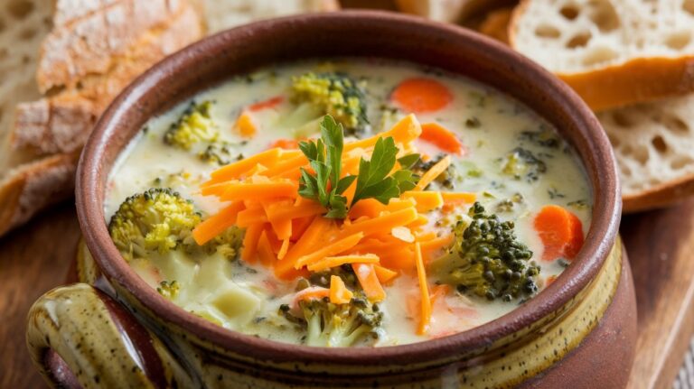 A bowl of creamy, Easy Broccoli Cheddar Soup, with tender broccoli florets submerged in a rich, velvety cheese sauce, garnished with a sprinkle of shredded cheddar