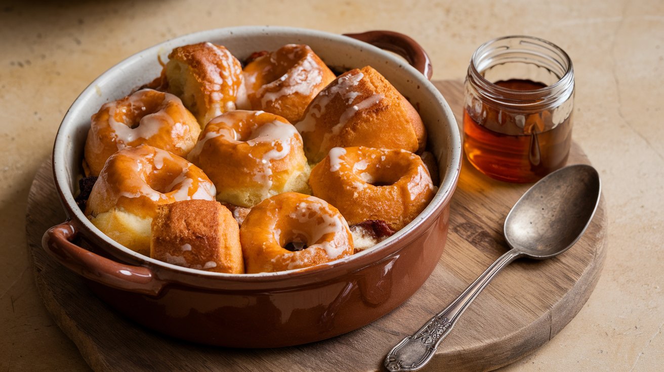 A slice of Maple Glazed Donut Bread Pudding on a white plate, with its tender, custard-soaked interior and sweet maple glaze dripping down the sides for an irresistible treat