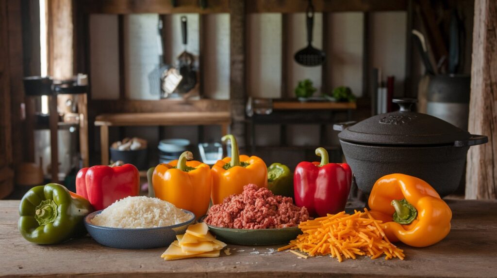 Rustic Stuffed Bell Peppers served in a rustic dish, filled with a flavorful mixture of grains, vegetables, and spices, and finished with a sprinkle of melted cheese