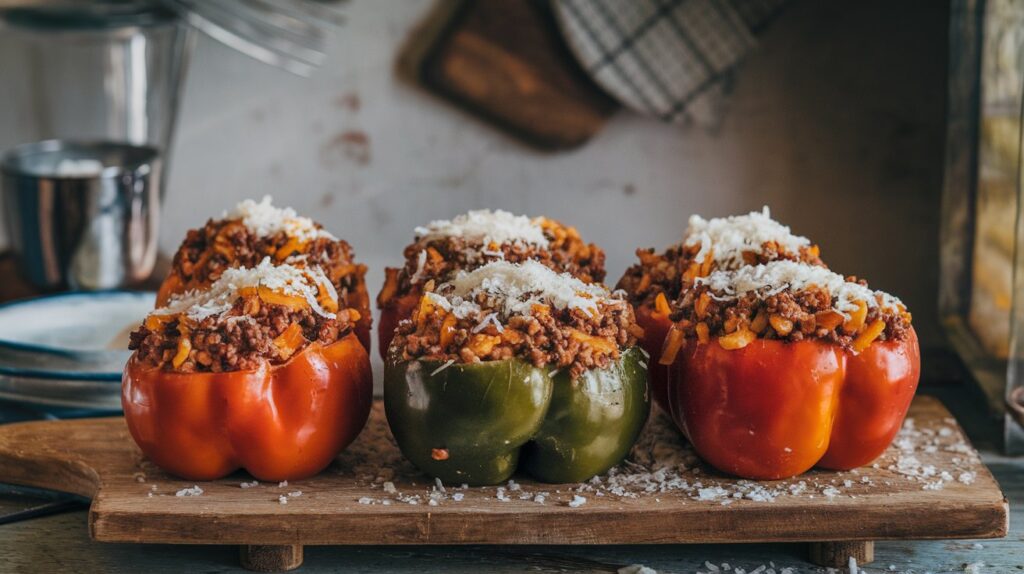 Close-up of Rustic Stuffed Bell Peppers, showcasing the colorful peppers filled with a hearty stuffing, garnished with fresh herbs and a golden, cheesy topping.