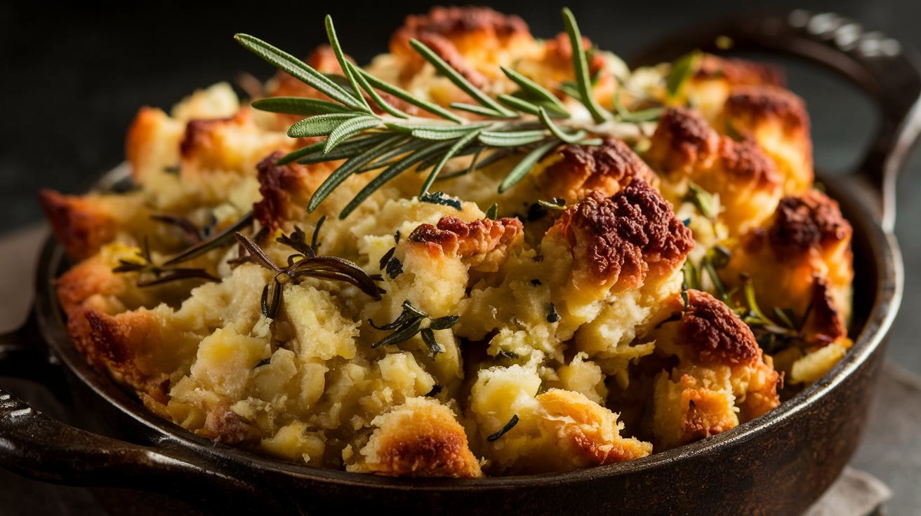 Golden and Crispy Thanksgiving Stuffing with Fresh Herbs" A mouthwatering close-up of crispy Thanksgiving stuffing, perfectly browned on top and adorned with fresh herbs like rosemary and sage. The crispy edges contrast with the soft, flavorful interior, making it the perfect side dish for any holiday feast.