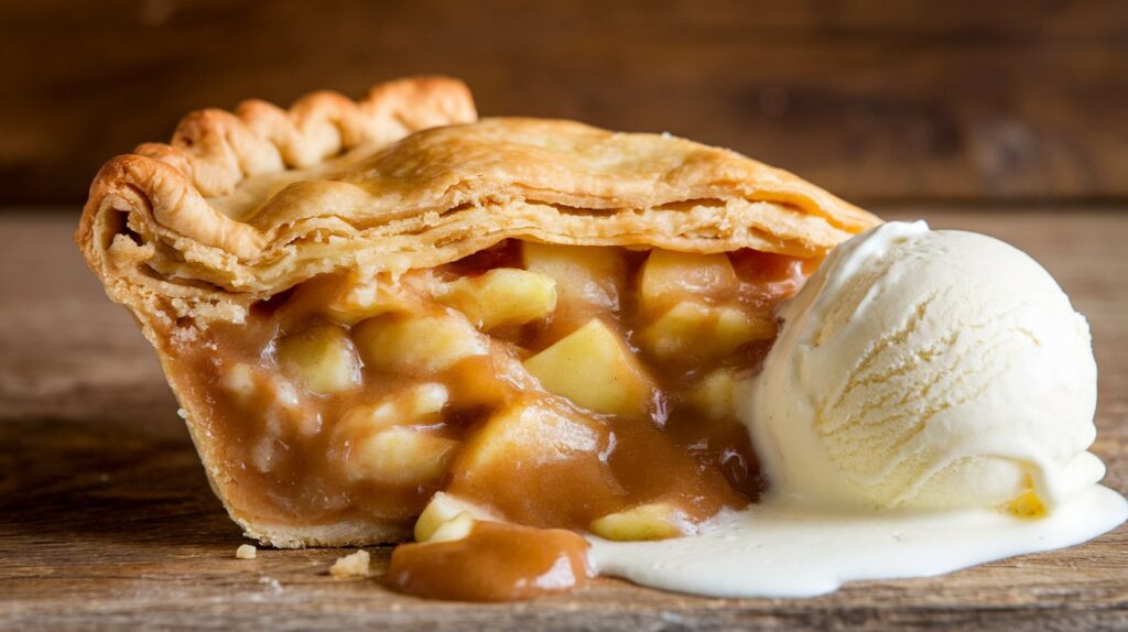 A close-up of a freshly baked apple pie with a golden, flaky crust. The pie's top is beautifully crimped, revealing the warm, spiced apple filling inside. A dusting of sugar adds a touch of sweetness, making this classic dessert look irresistible.