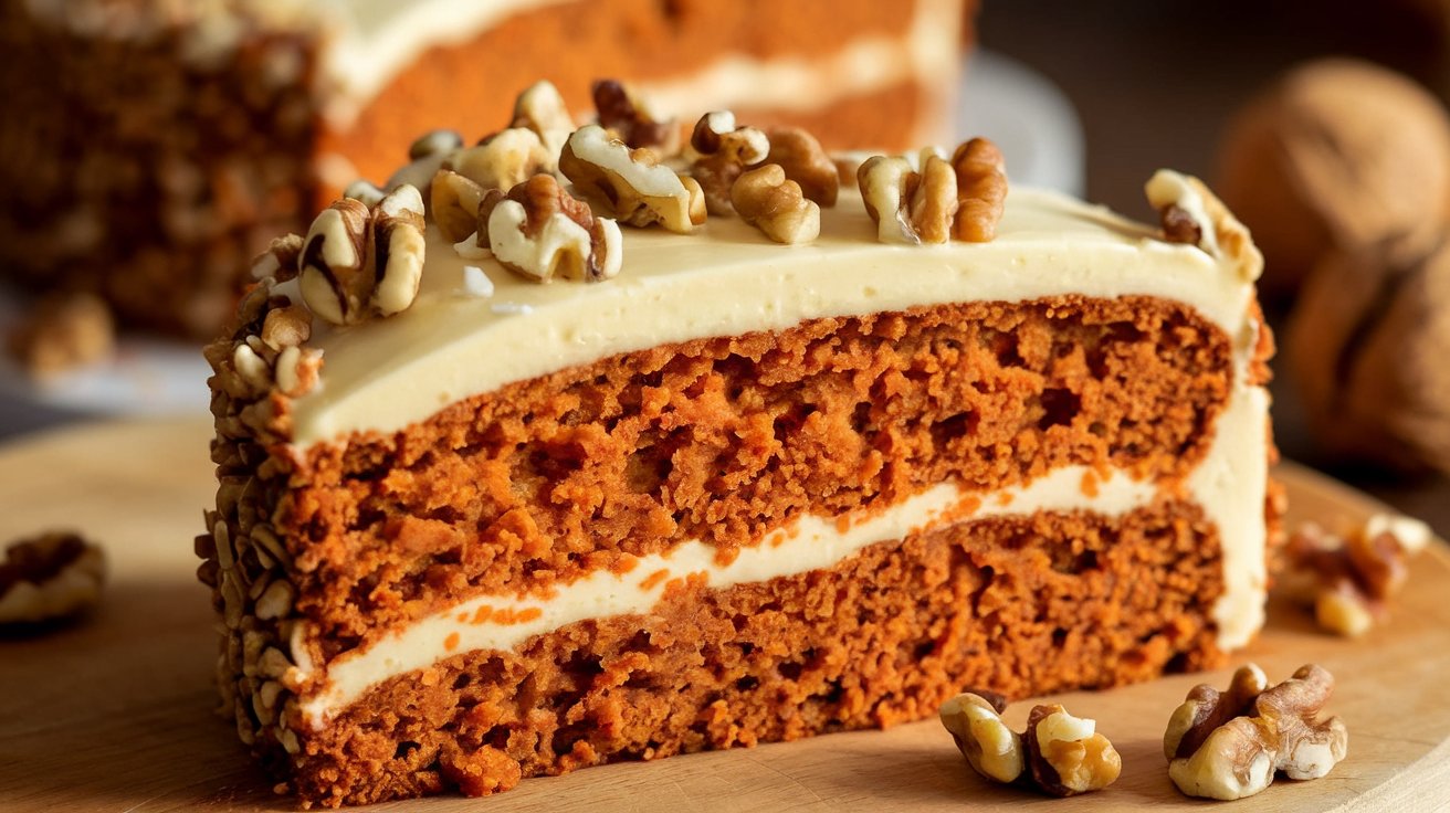 Moist Carrot Cake with Velvety Cream Cheese Frosting" A close-up shot of a slice of carrot cake with a generous layer of smooth cream cheese frosting. The cake is moist and filled with shredded carrots, nuts, and warm spices, topped with a delicate swirl of creamy frosting for a perfect finish.