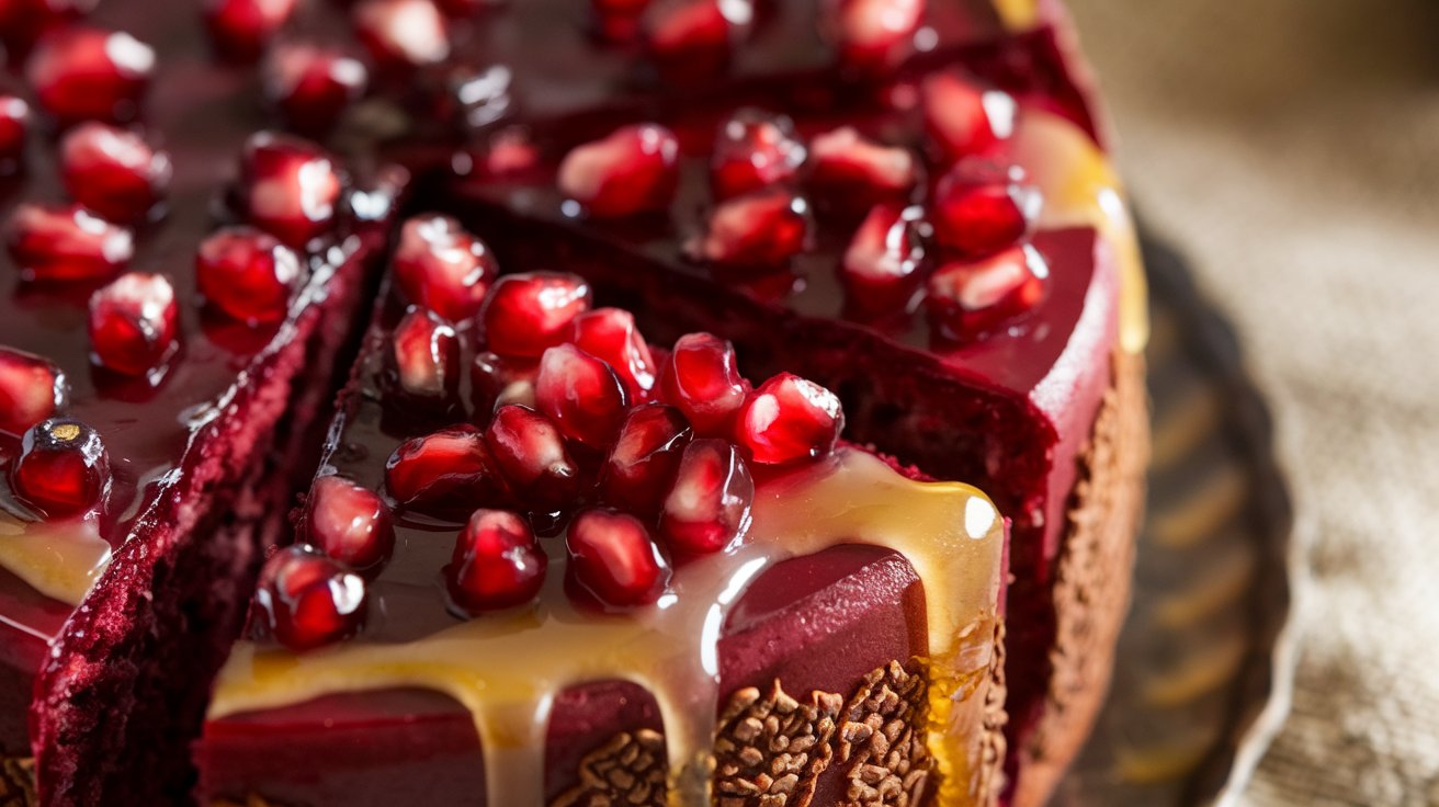 Alt Text: "Pomegranate and Honey Cake served on a decorative plate, showcasing its light, tender crumb and topped with juicy pomegranate seeds and a honey drizzle, making it a festive and refreshing treat."