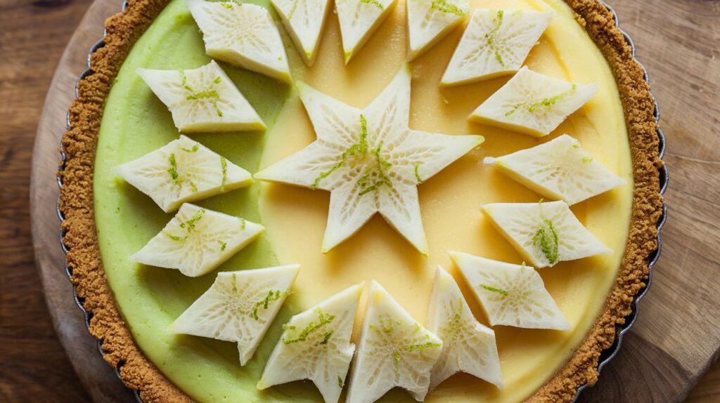 A slice of Starfruit and Lime Pie, with a smooth, tangy lime filling topped with starfruit slices, offering a refreshing and visually stunning tropical dessert
