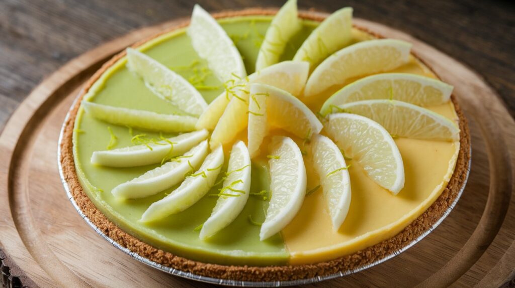 A whole Starfruit and Lime Pie on a dessert stand, with a crisp crust and a creamy lime center, adorned with fresh starfruit slices that add a tropical flair to the pie