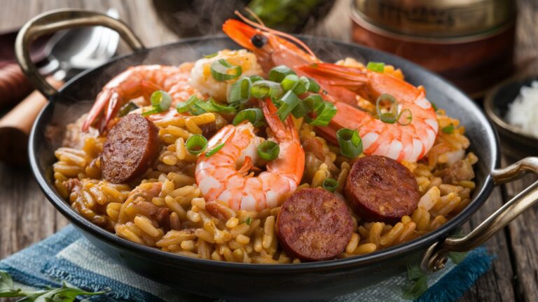 A vibrant plate of New Orleans Jambalaya, with plump shrimp, smoky sausage, and tender rice mixed in a spicy, flavorful sauce."