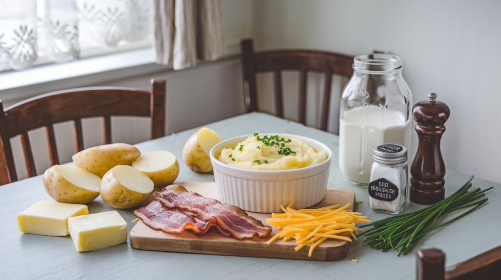 "Cheesy Bacon Mashed Potatoes served in a rustic dish, with golden melted cheese oozing through the creamy potatoes and crispy bacon sprinkled on top.