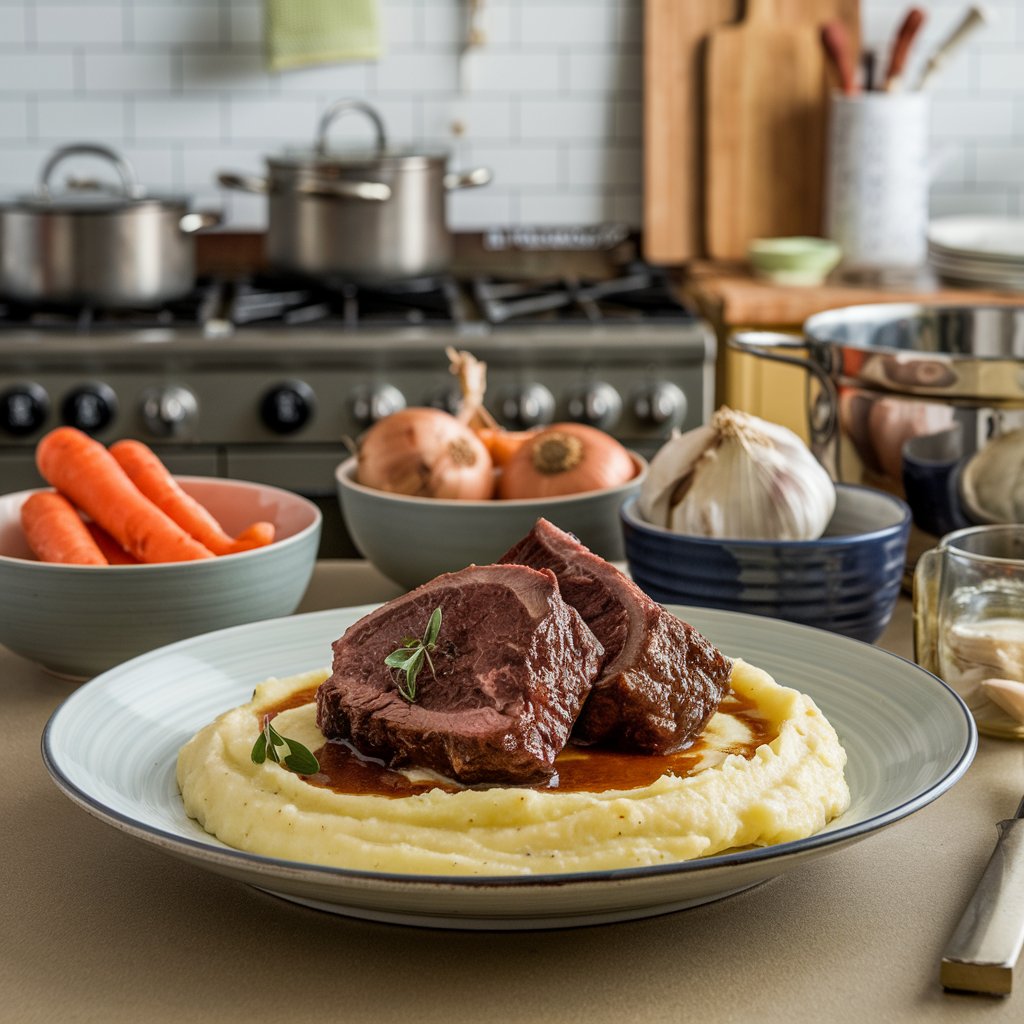  "Close-up of red wine braised short ribs placed over a bed of velvety mashed potatoes, with the luscious sauce soaking into the creamy potatoes for a flavorful combination."