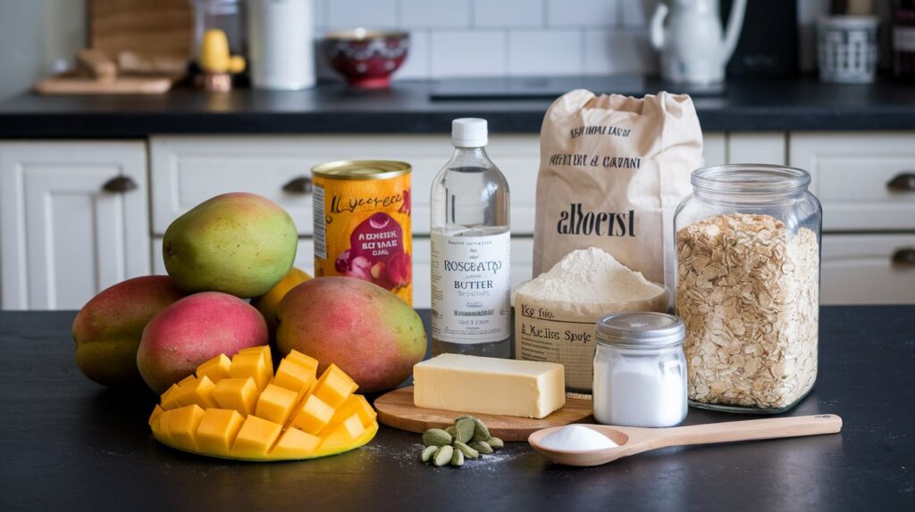 Mango and Cardamom Crumble served in an elegant dish, featuring a layer of spiced mango filling and a crispy crumble topping, making it a delightful fusion of tropical sweetness and exotic spices