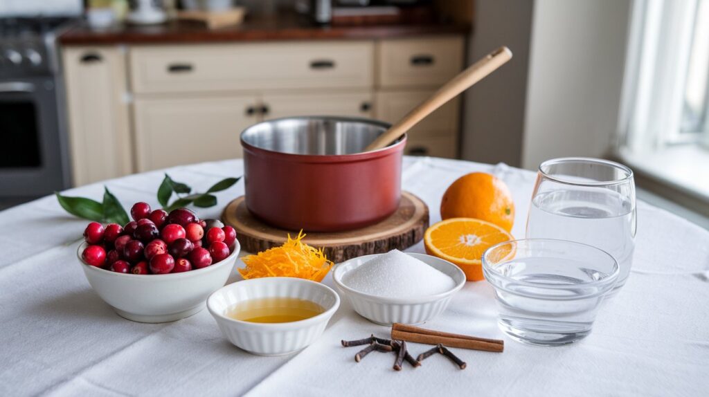 "A close-up of Fresh Tangy Homemade Cranberry Sauce, showcasing the glossy texture and bright red color, made with fresh cranberries and a zesty twist, perfect for complementing holiday dishes."

