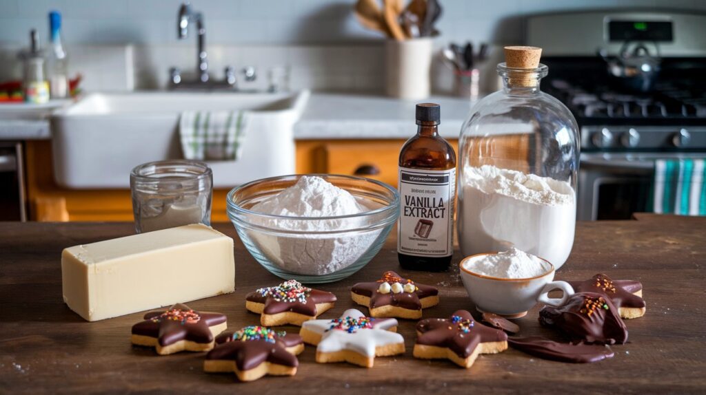 A stack of Chocolate-Dipped Shortbread Stars on a rustic napkin, with their crisp edges and shiny chocolate coating making them an irresistible treat for any occasion