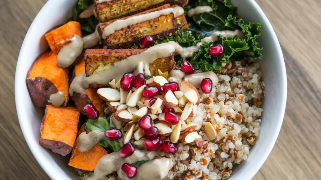 Colorful Vegan Buddha Bowl with Fresh Veggies and Quinoa" A vibrant vegan Buddha bowl filled with a variety of colorful ingredients like roasted sweet potatoes, fresh greens, chickpeas, avocado, and quinoa. The dish is drizzled with a tangy dressing, creating a perfectly balanced, nutritious, and visually stunning meal.