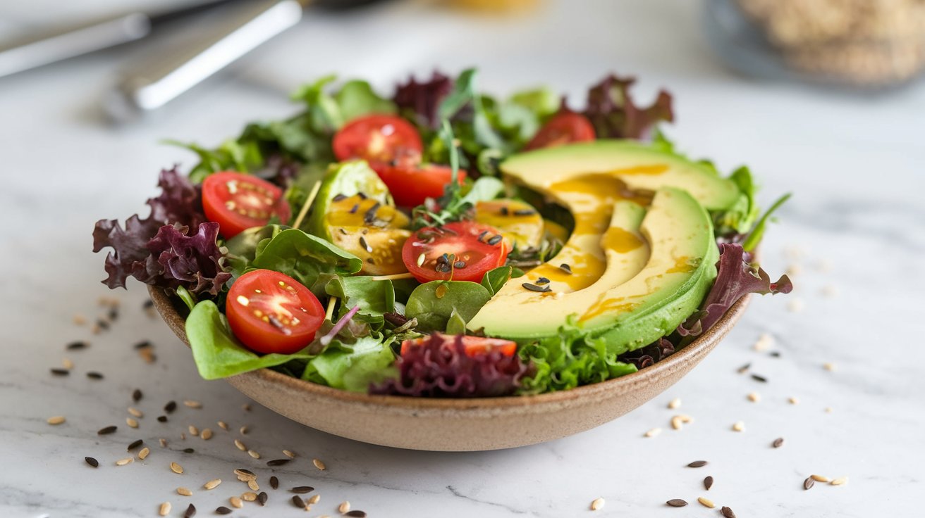 Vibrant Salad Bowl with Colorful Veggies, Quinoa, and a Lemon Dressing" A vibrant salad bowl showcasing a healthy mix of quinoa, roasted vegetables, and a zesty lemon dressing, offering a colorful, nutrient-packed option for a light and satisfying meal.