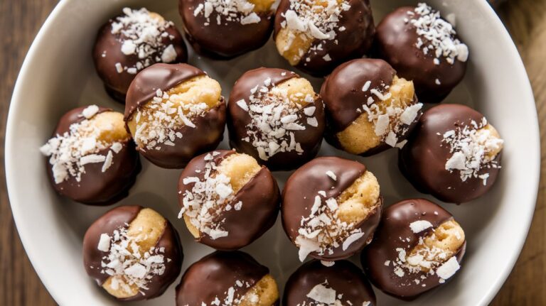 Chocolate Dipped Coconut Macaroons lined up on a tray, with each macaroon featuring a golden, toasted coconut texture and a generous dip of dark chocolate on the base, perfect for a sweet treat.