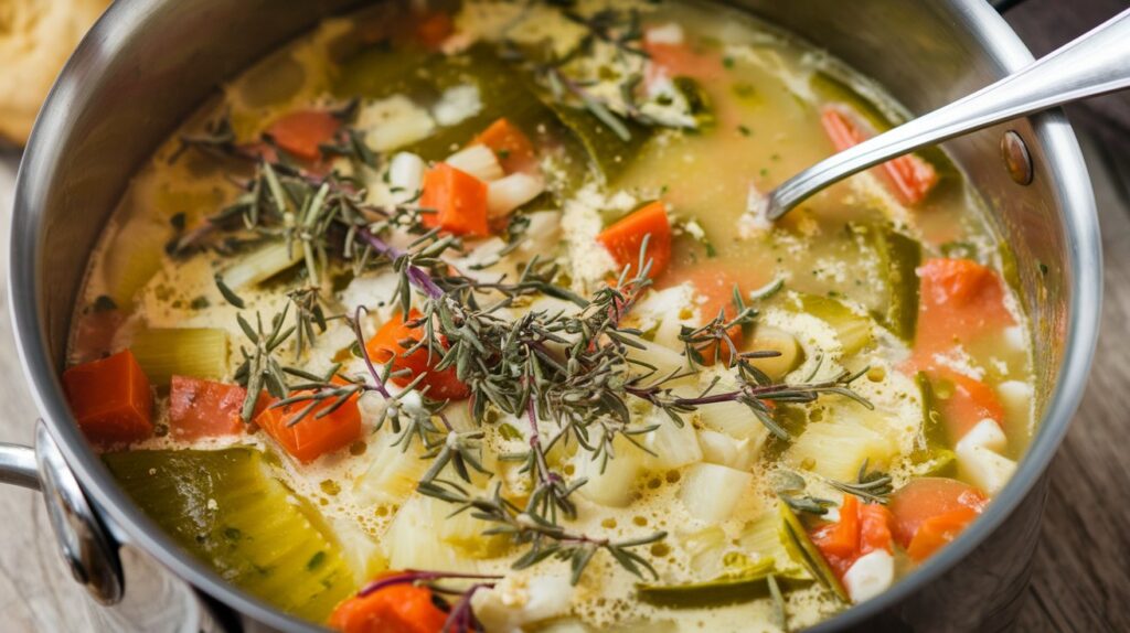 "A pot of hearty white wine and vegetable soup, filled with vibrant vegetables and infused with the rich, aromatic flavors of white wine, simmering on the stove."