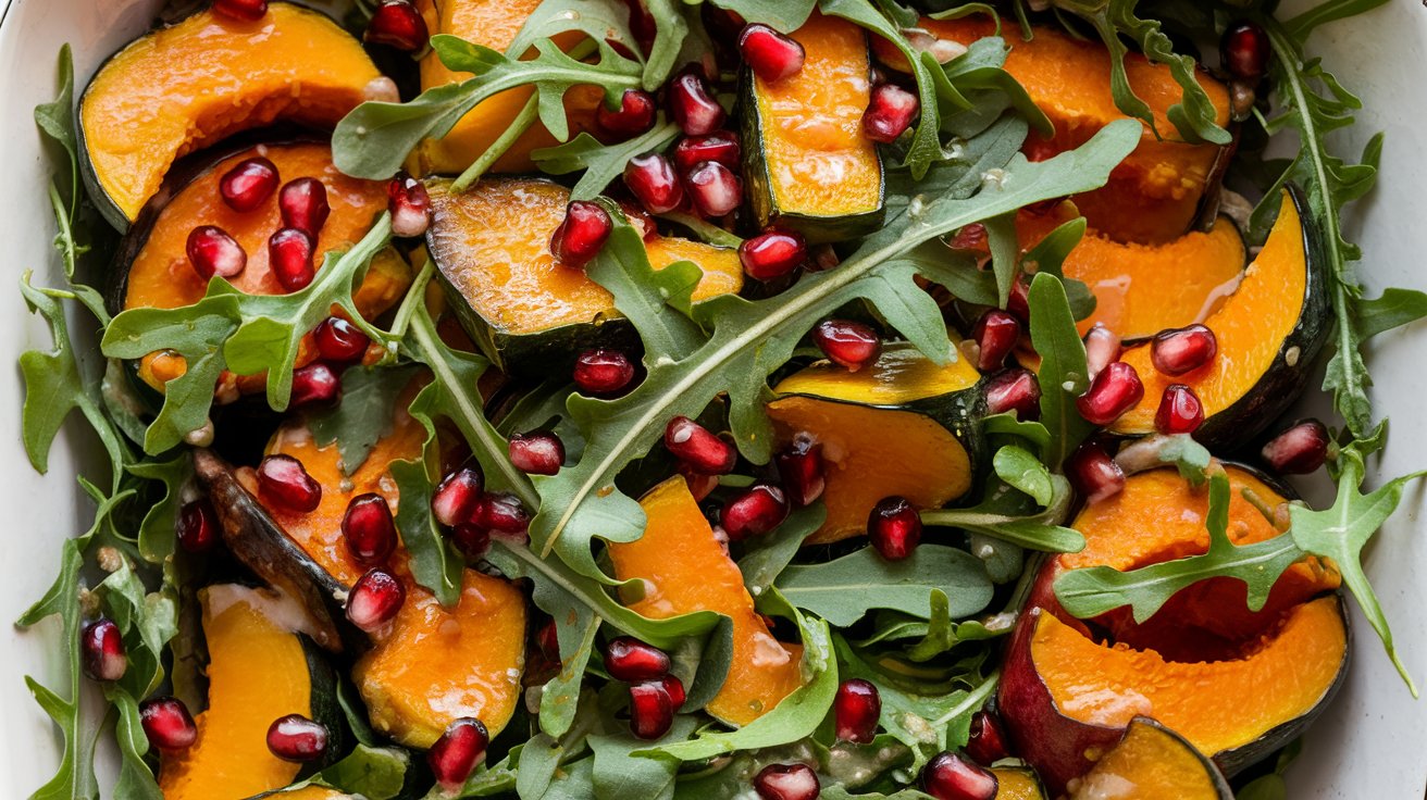 Vibrant Winter Squash & Pomegranate Salad in a Bowl A close-up shot of a colorful Winter Squash & Pomegranate Salad in a rustic wooden bowl. The bright orange hues of roasted winter squash are complemented by the jewel-like ruby pomegranate seeds, creating a perfect balance of sweet and savory. Fresh greens, such as arugula, add a touch of peppery flavor, making this salad a festive, nutritious dish for any occasion.