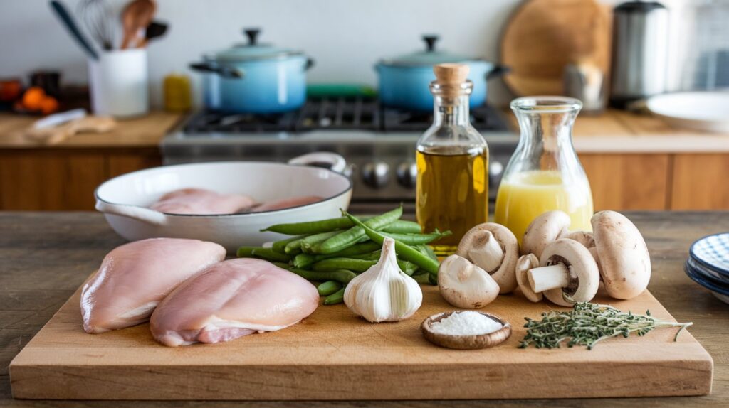 "Close-Up of One Skillet Chicken with Green Beans and Mushrooms in Savory Sauce"
A close-up shot showcasing juicy, golden-brown chicken cooked with fresh green beans and earthy mushrooms, all coated in a savory sauce that ties the ingredients together in this one-skillet meal