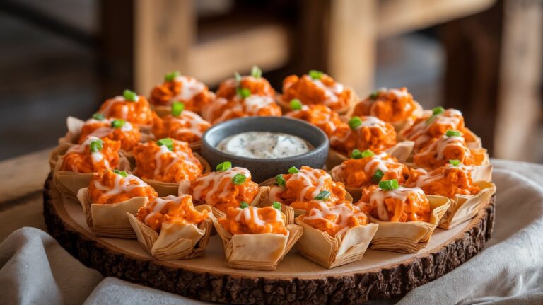 A platter of Buffalo Chicken Dip Bites, featuring crispy golden-brown bite-sized portions filled with creamy buffalo chicken dip, topped with a sprinkle of melted cheese and a drizzle of ranch dressing