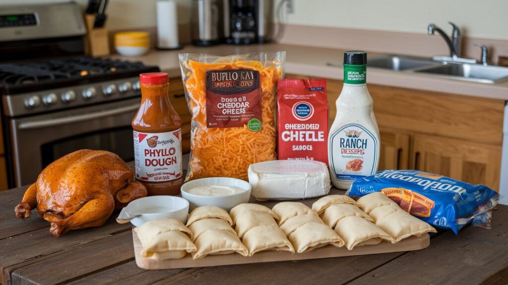 Close-up of Buffalo Chicken Dip Bites, showcasing the creamy, spicy buffalo chicken filling inside a crispy shell, garnished with green onions for an extra burst of flavor.