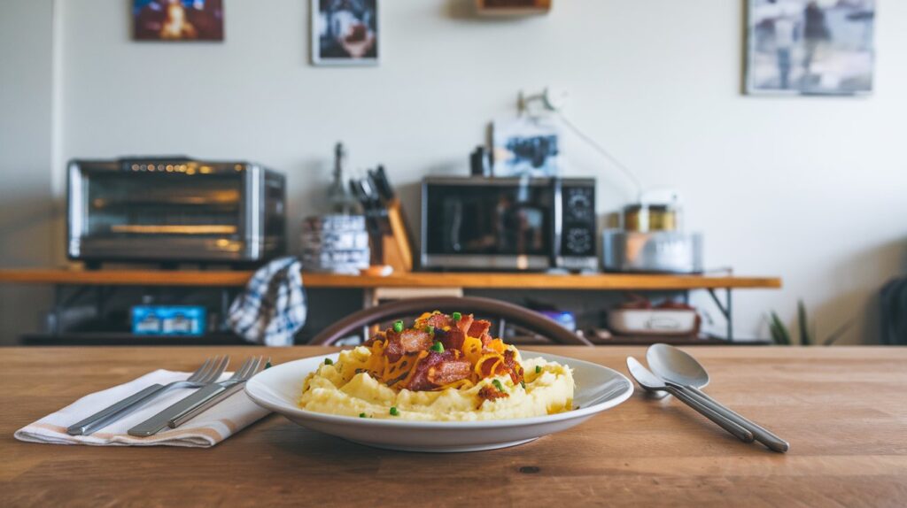 A bowl of creamy mashed potatoes loaded with melted cheese and crispy bacon bits, garnished with chopped green onions for a perfect comfort food dish.