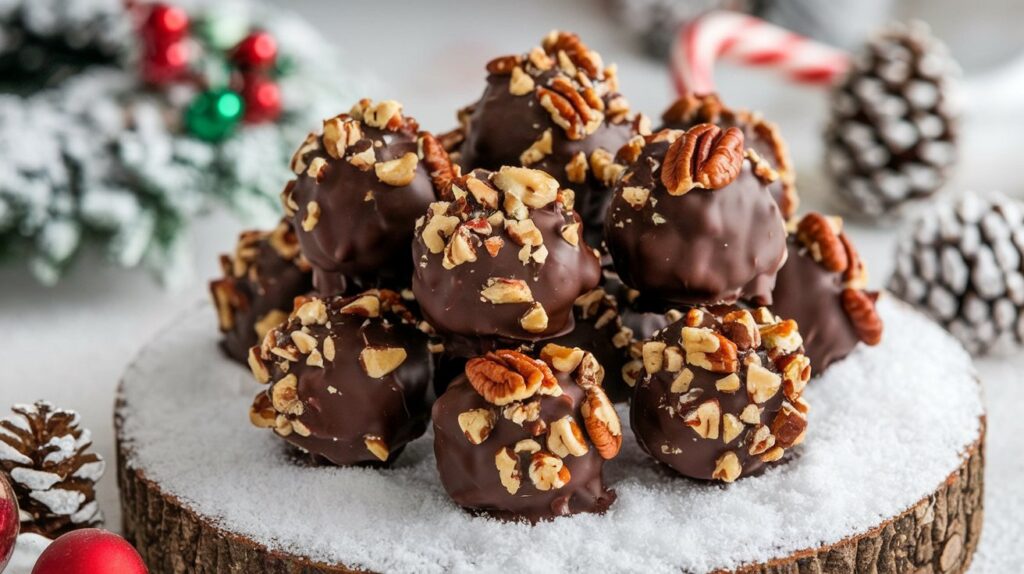 Close-Up of Pecan Pie Truffles with a Drizzle of Chocolate" A plate of decadent pecan pie truffles, featuring a creamy, sweet pecan filling coated in rich chocolate, and elegantly drizzled with white chocolate for a sophisticated touch.